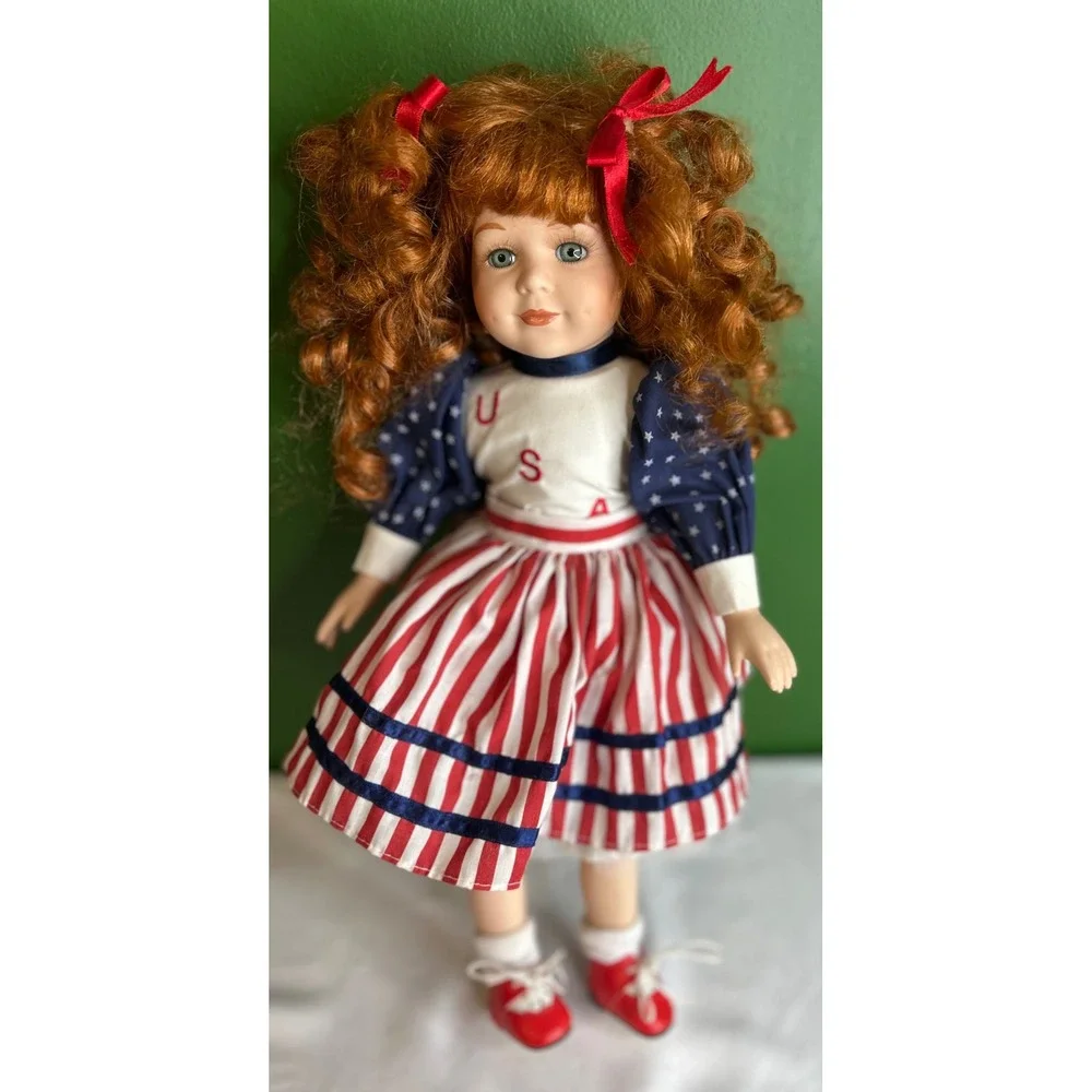 Vintage Porcelain Doll Patriotic USA Americana Red White Blue Auburn Hair 12in